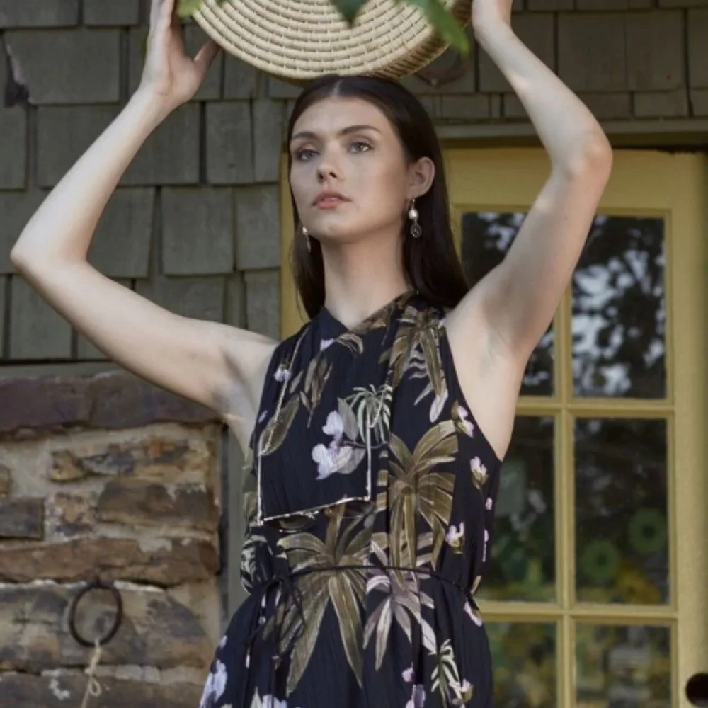 NWT Vince Mixed Tropical Garden Halter Midi Dress in Coastal L $385